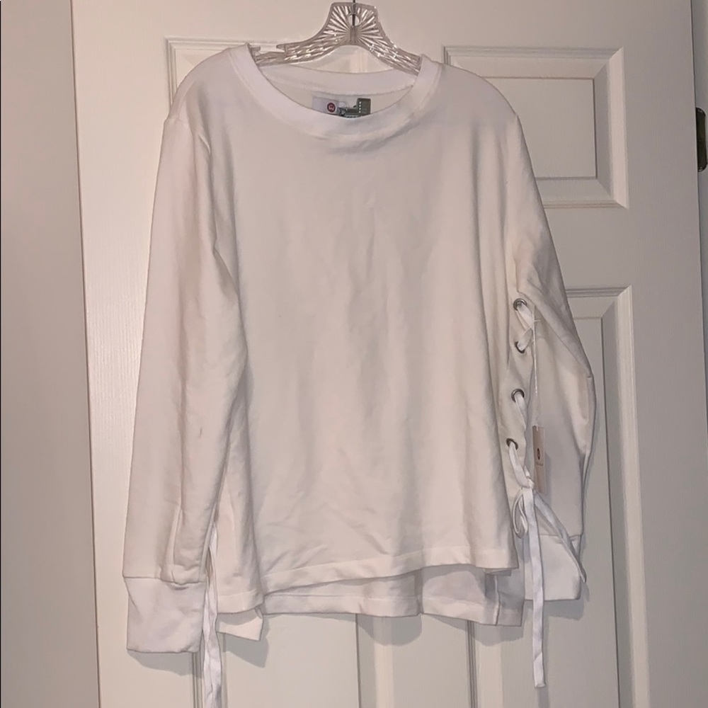 Well+Calm white lace-up pullover sweatshirt hoodie
